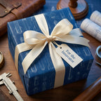 Blue rocket blueprint wrapping paper with cream satin ribbon by Wrapped Studios.