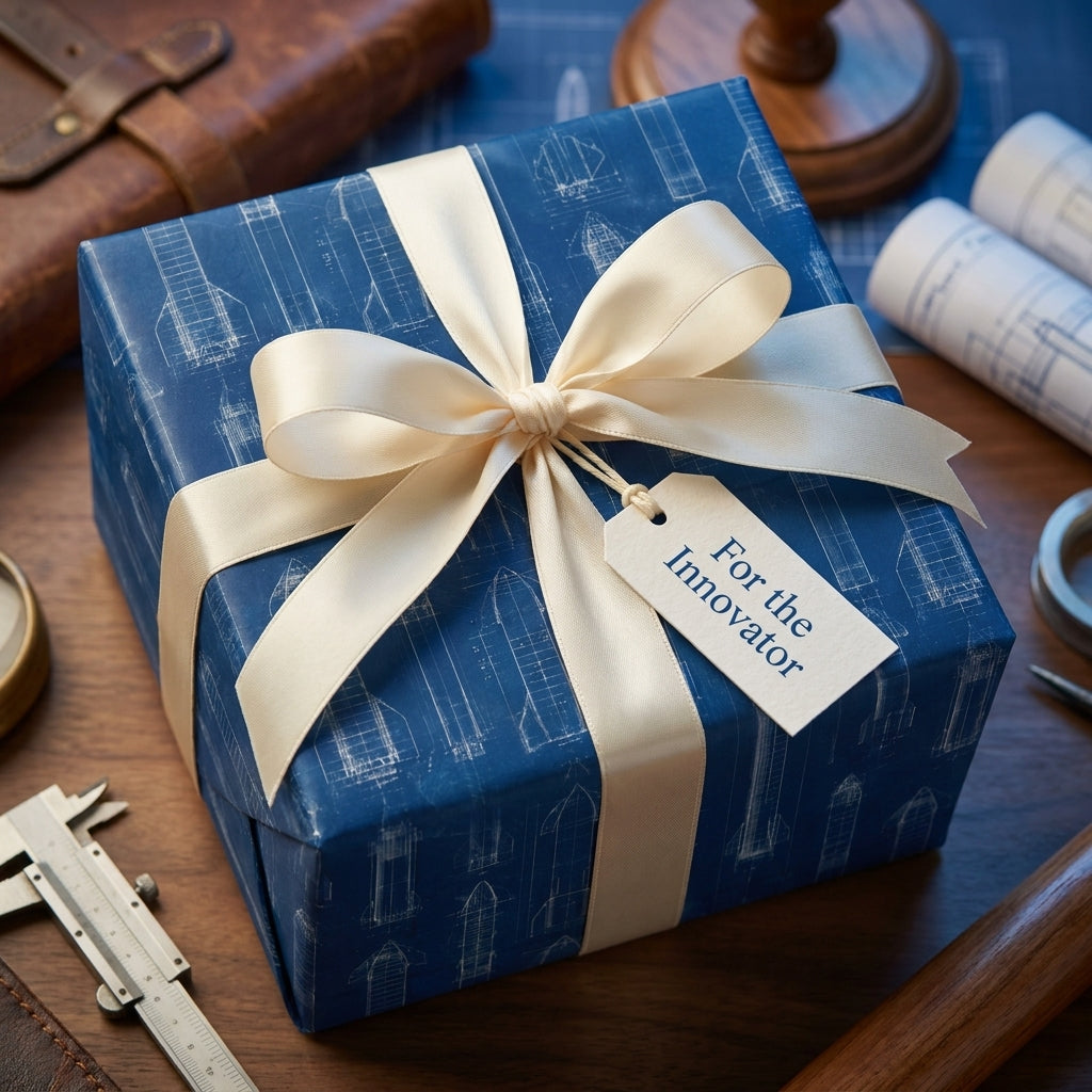 Blue rocket blueprint wrapping paper with cream satin ribbon by Wrapped Studios.