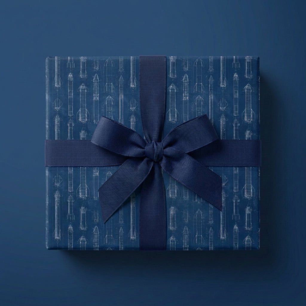 Navy blue rocket blueprint wrapping paper with a matching ribbon by Wrapped Studios.