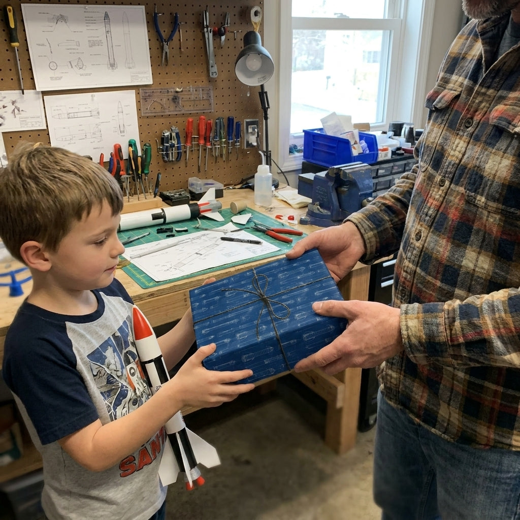 Blue rocket blueprint wrapping paper on a birthday gift for a boy, by Wrapped Studios.