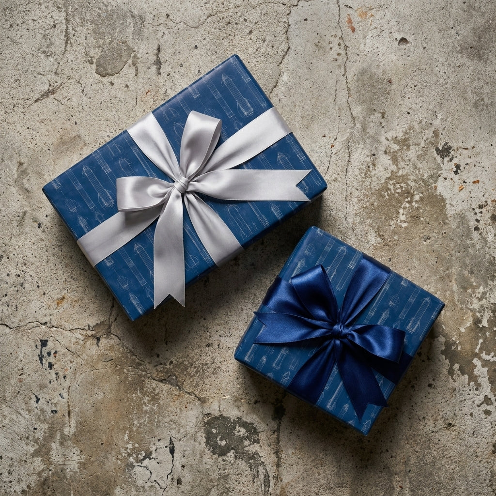 Blue rocket ship wrapping paper with silver and blue satin bows on gift boxes by Wrapped Studios.