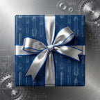 Blue rocket blueprint wrapping paper with a silver satin bow by Wrapped Studios.