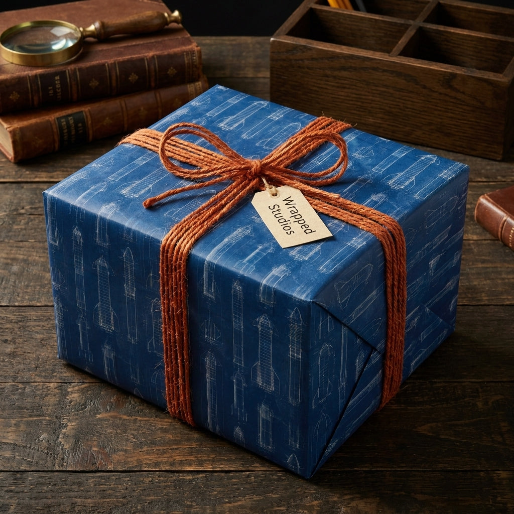 Rocket blueprint wrapping paper by Wrapped Studios on a gift box tied with orange twine ribbon.