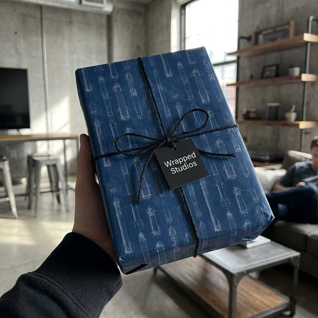 Blue space rocket blueprint wrapping paper on a gift with black twine by Wrapped Studios.