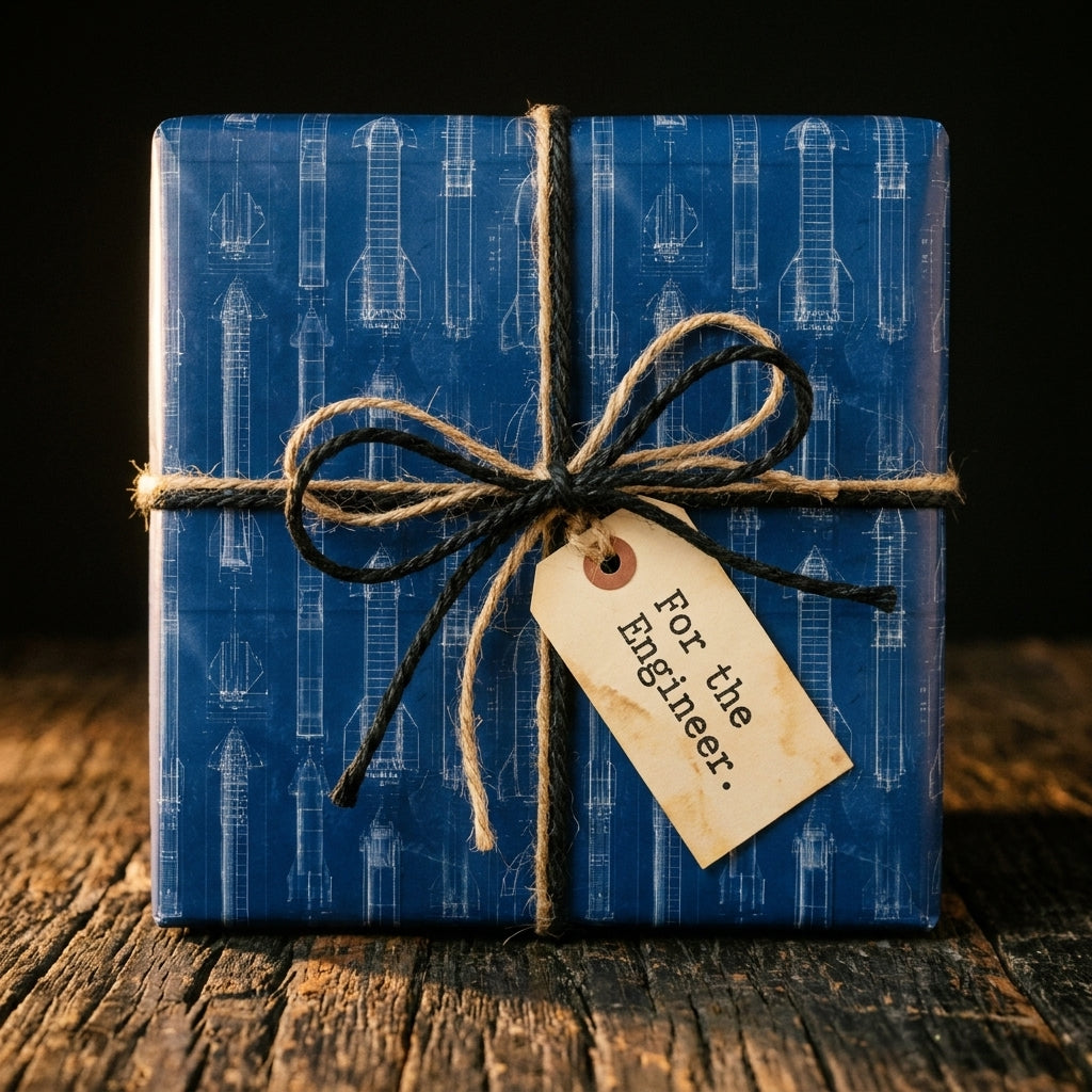 Blue rocket blueprint wrapping paper with twine and an engineer gift tag by Wrapped Studios.