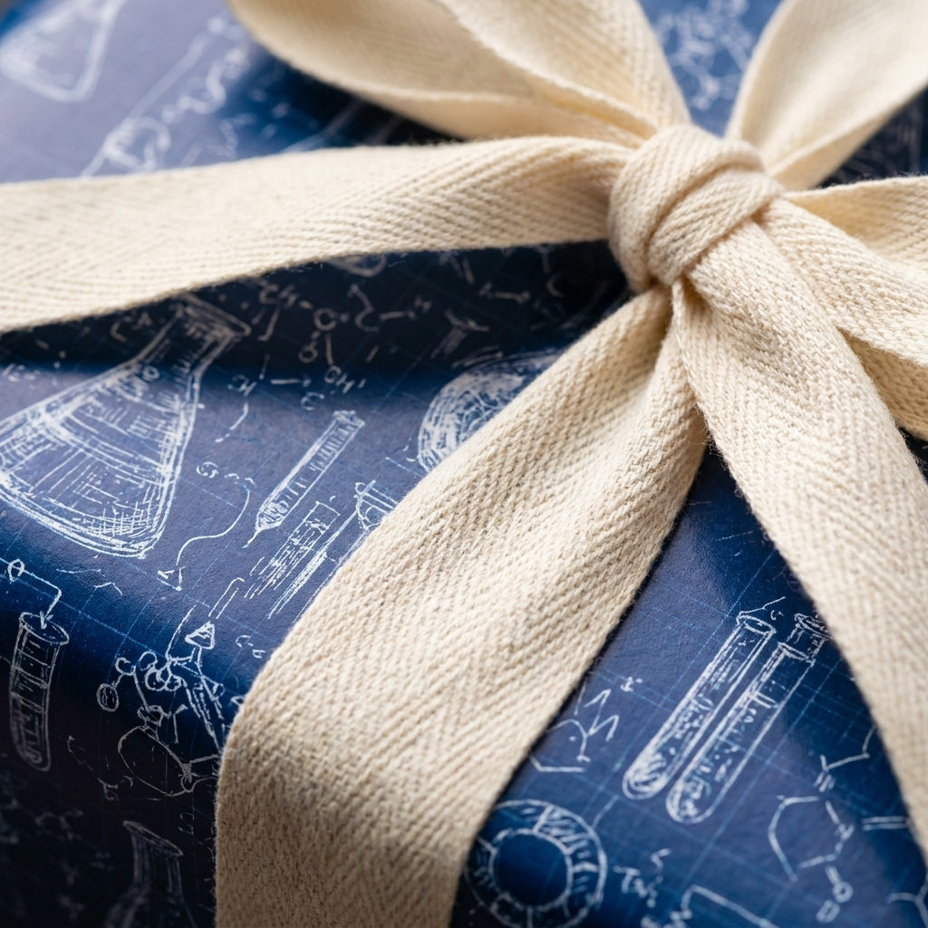 Science wrapping paper in navy blue with chemistry doodles and cream ribbon by Wrapped Studios.