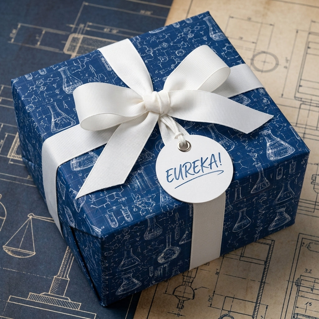 Navy blue science wrapping paper with chemistry blueprint pattern and white bow by Wrapped Studios.