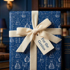 Navy blue science wrapping paper with chemistry flasks and a cream velvet bow by Wrapped Studios.