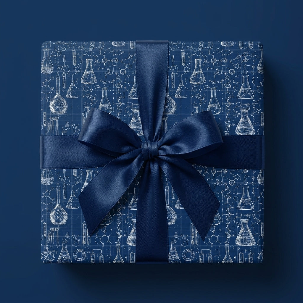 Navy blue chemistry wrapping paper with science flask pattern and satin bow, by Wrapped Studios.