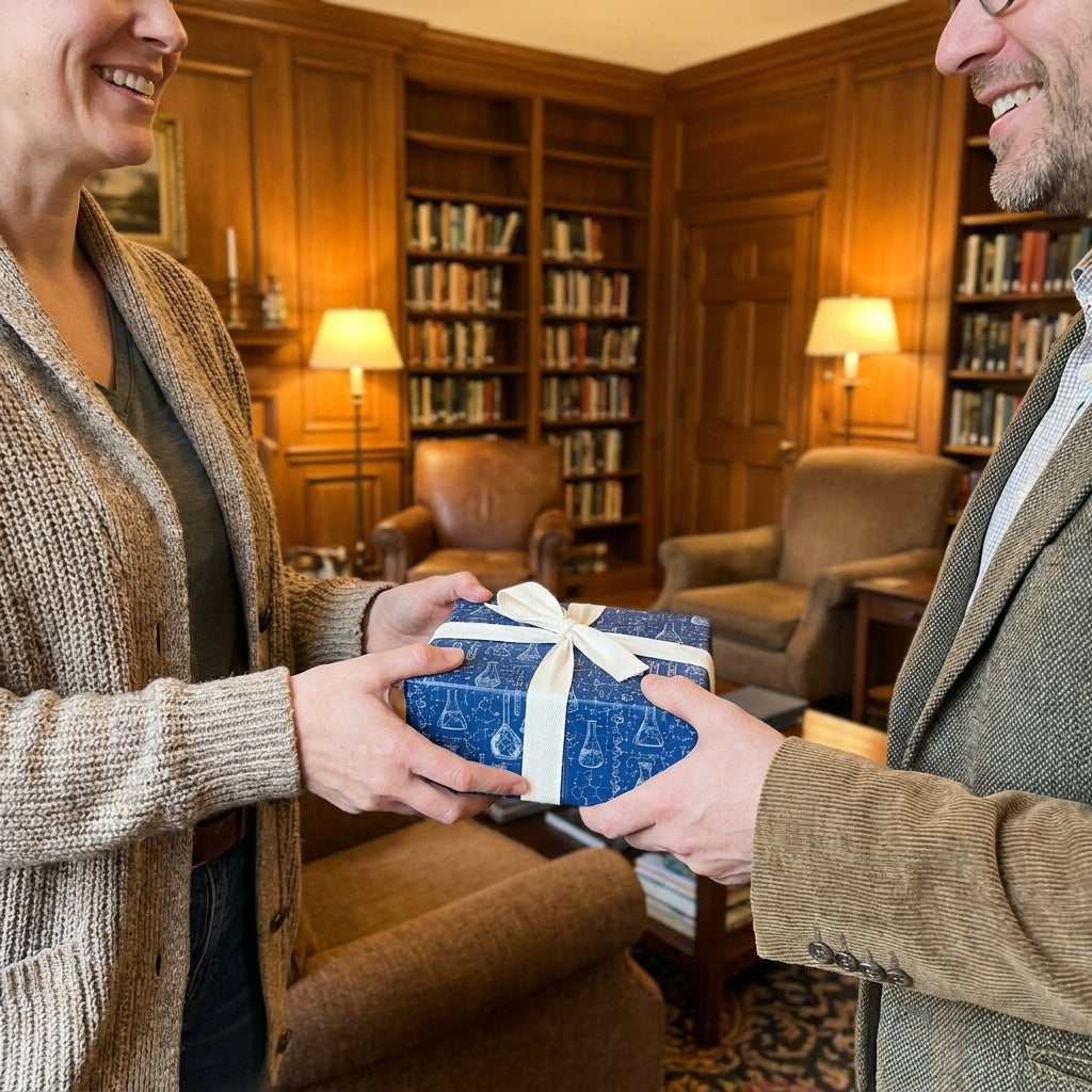 Blue science wrapping paper with a white bow on a gift exchanged in a cozy library by Wrapped Studios.