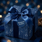 Science wrapping paper with chemistry beaker pattern and navy blue satin ribbon by Wrapped Studios.