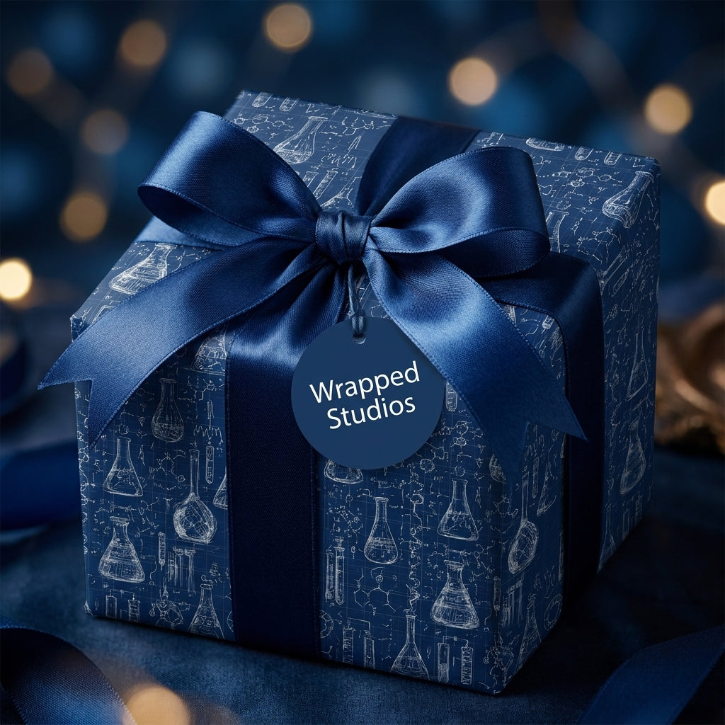 Science wrapping paper with chemistry beaker pattern and navy blue satin ribbon by Wrapped Studios.