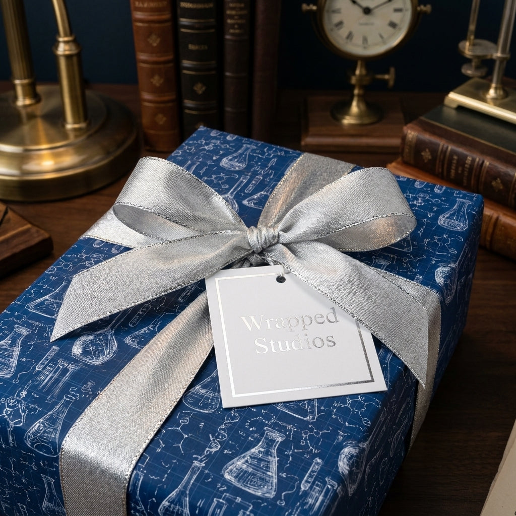 Navy blue science wrapping paper with chemistry flask designs and a silver bow by Wrapped Studios.