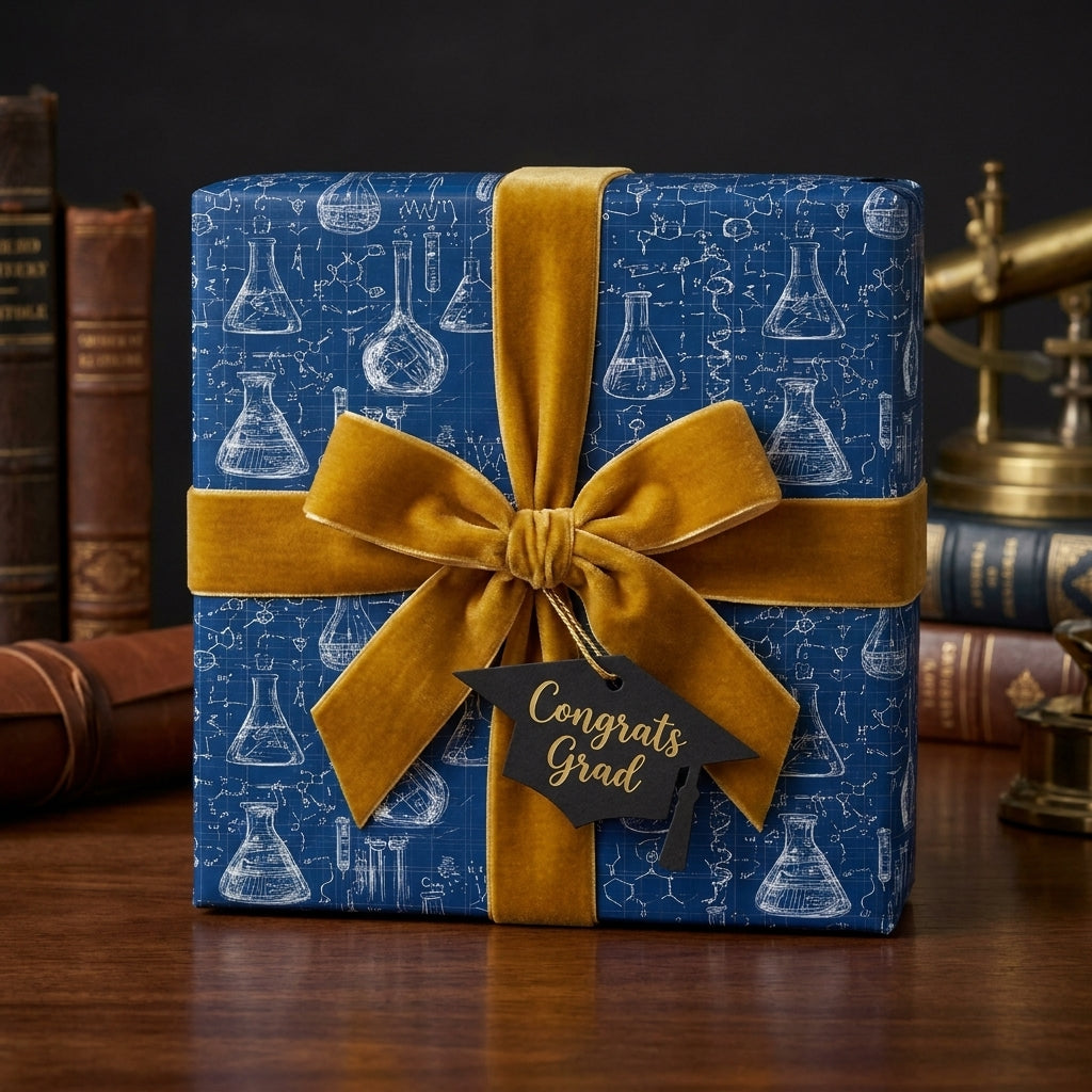Science graduation wrapping paper in blue blueprint design with gold velvet bow by Wrapped Studios.