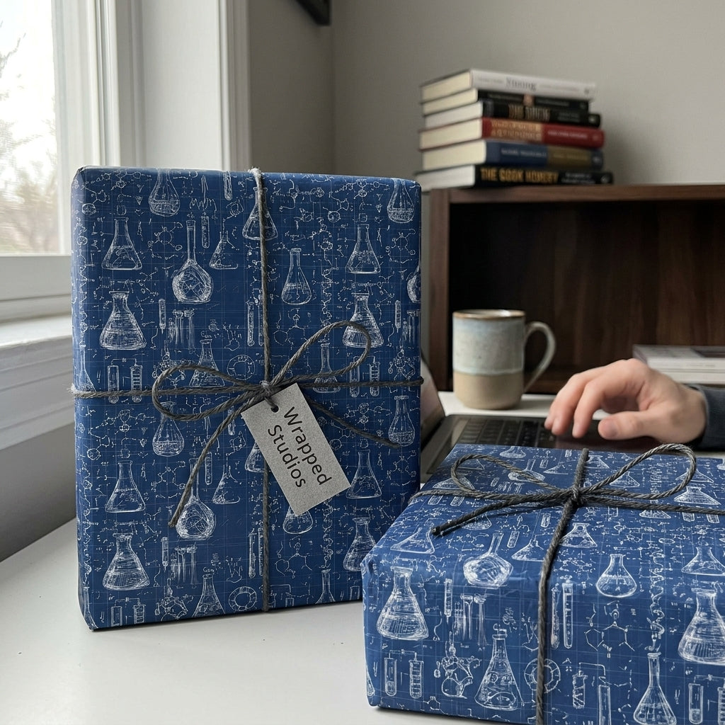 Science wrapping paper with blueprint chemistry beaker design on gifts by Wrapped Studios.