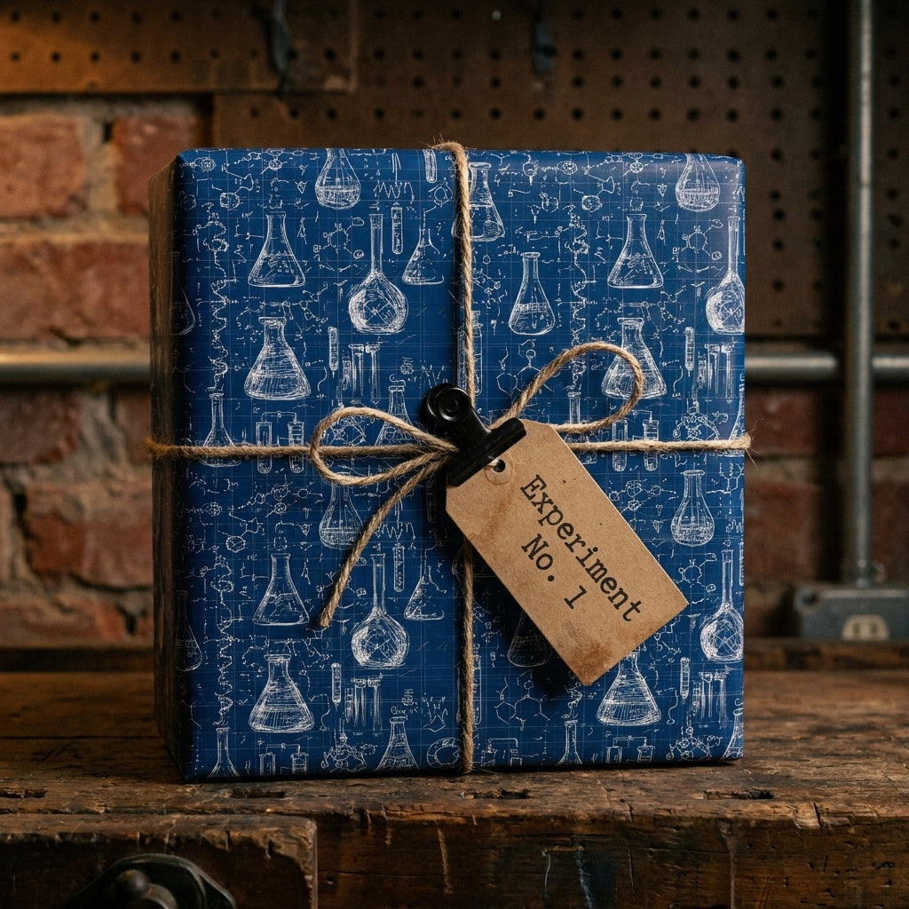 Blue science wrapping paper with chemistry flasks and rustic twine on a gift box by Wrapped Studios.