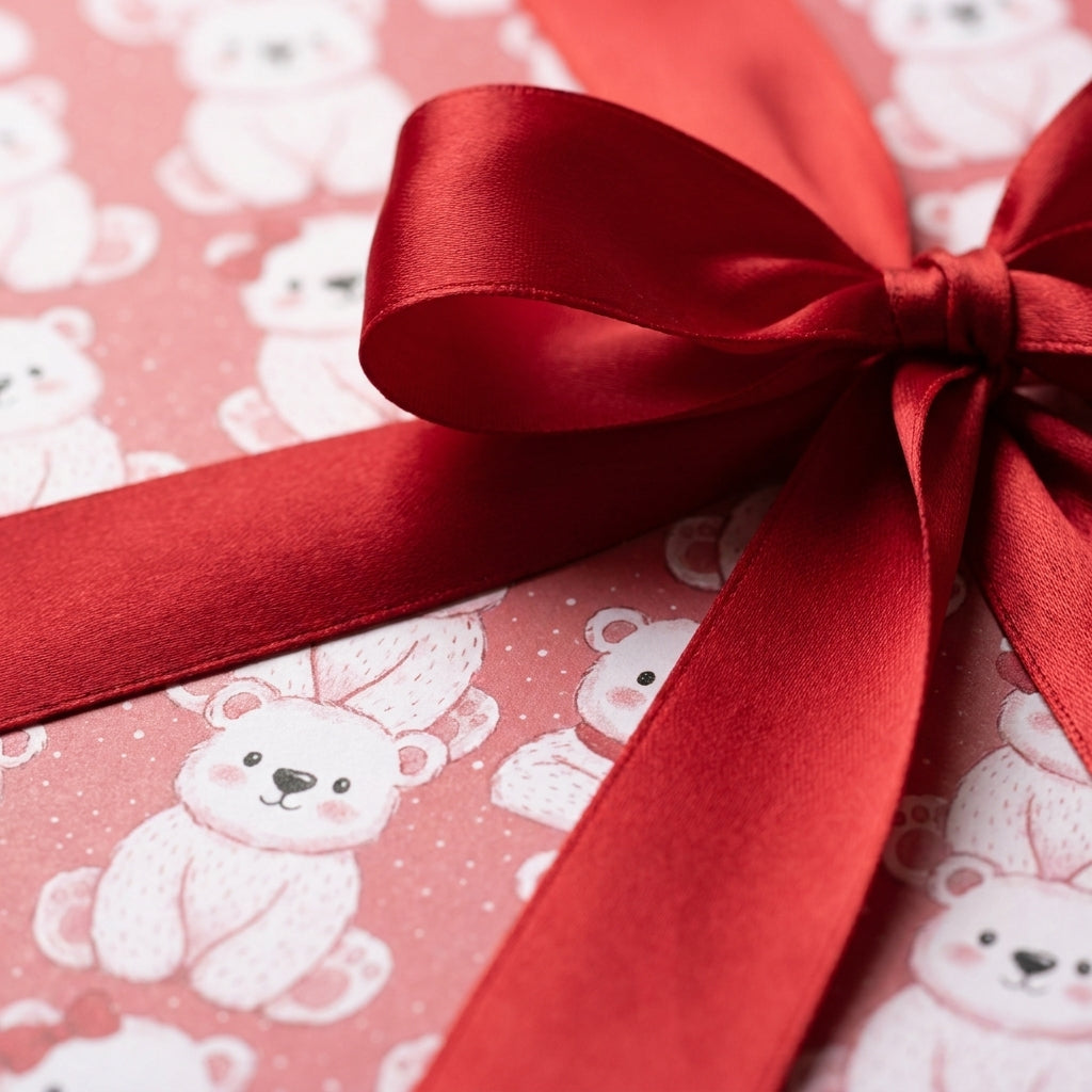 Cute polar bear Christmas wrapping paper in pink with a red satin bow by Wrapped Studios.