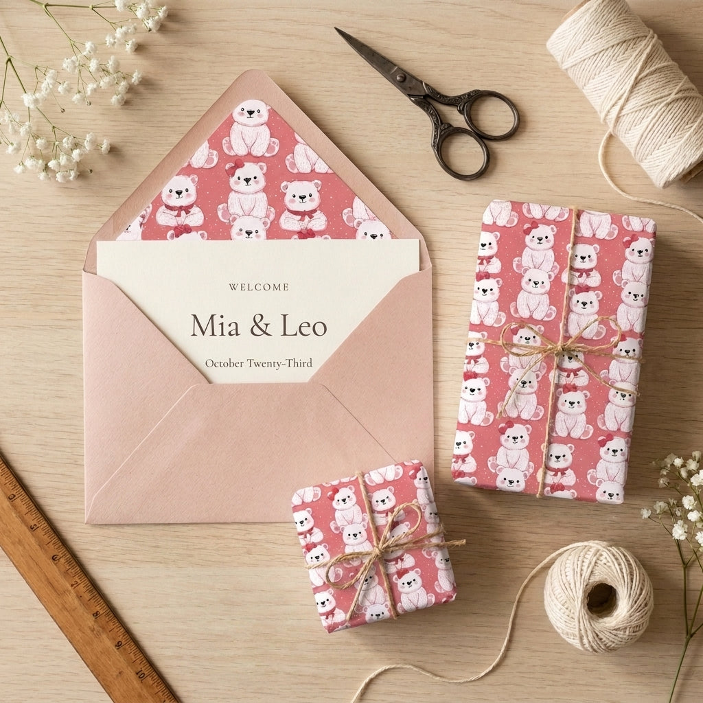 Cute pink polar bear baby shower wrapping paper on gifts with matching stationery by Wrapped Studios.