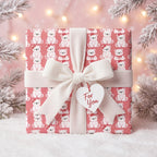 Cute pink polar bear holiday wrapping paper by Wrapped Studios on a gift with a white velvet bow.