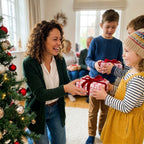 Mother giving child a gift in pink Christmas wrapping paper with a red bow by Wrapped Studios.