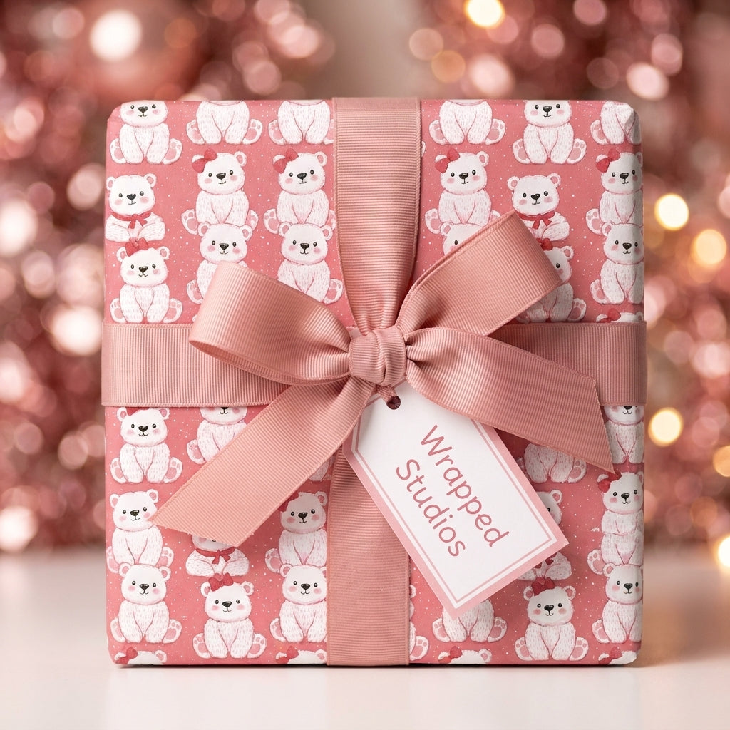 Cute polar bear pink Christmas wrapping paper on a gift box with a ribbon, by Wrapped Studios.