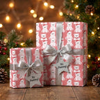 Cute pink teddy bear Christmas wrapping paper by Wrapped Studios, with silver bows in a cozy holiday scene.