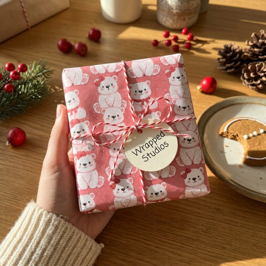 Cute pink polar bear Christmas wrapping paper with baker's twine on a holiday gift by Wrapped Studios.