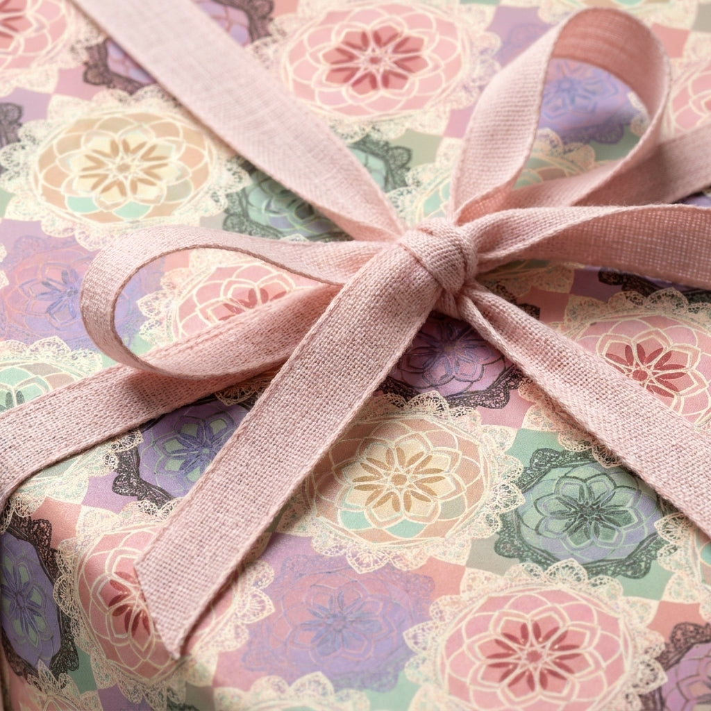 Pastel mandala floral wrapping paper with pink linen bow, birthday or wedding gift wrap by Wrapped Studios.