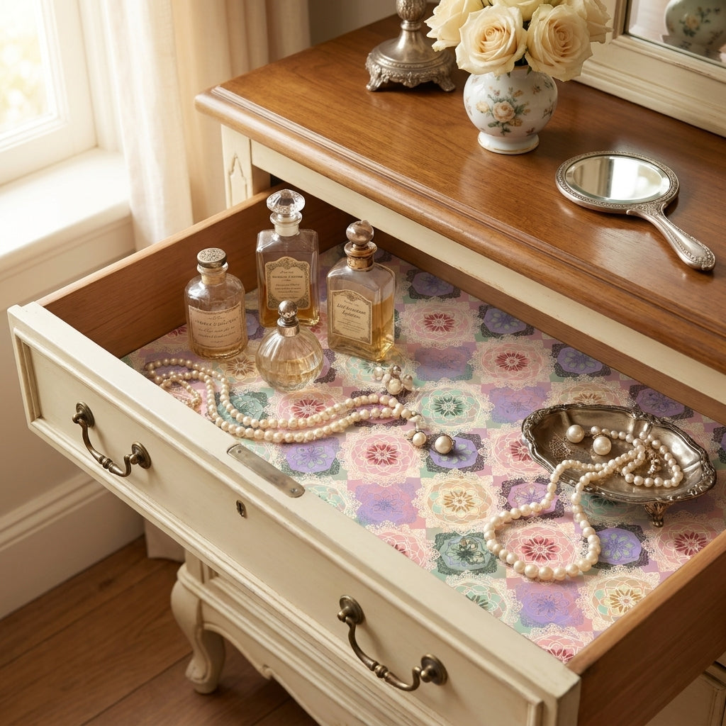 Pastel floral mandala vintage wrapping paper used as a luxury drawer liner by Wrapped Studios.