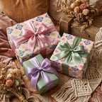 Boho pastel floral wrapping paper with elegant satin bows by Wrapped Studios.