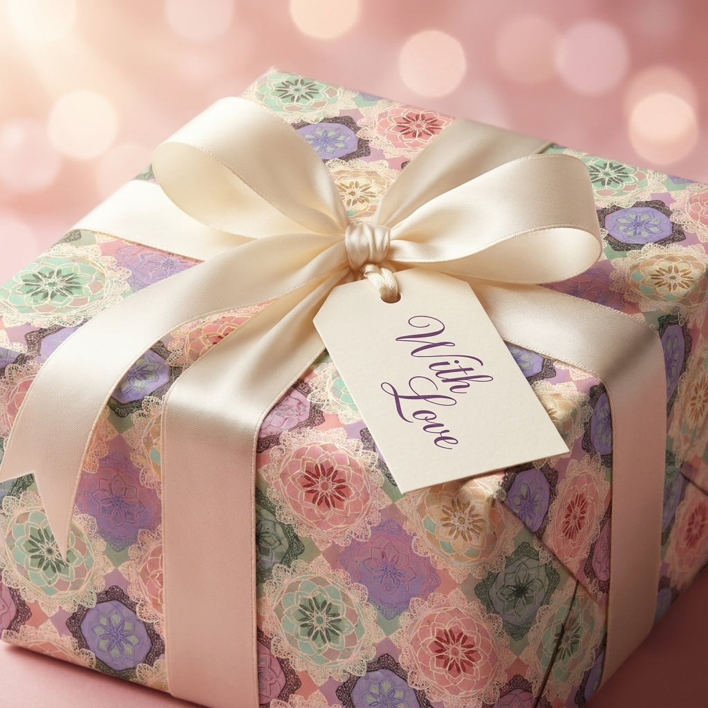 Pastel floral luxury gift wrap with an ivory satin ribbon and 'With Love' tag by Wrapped Studios.