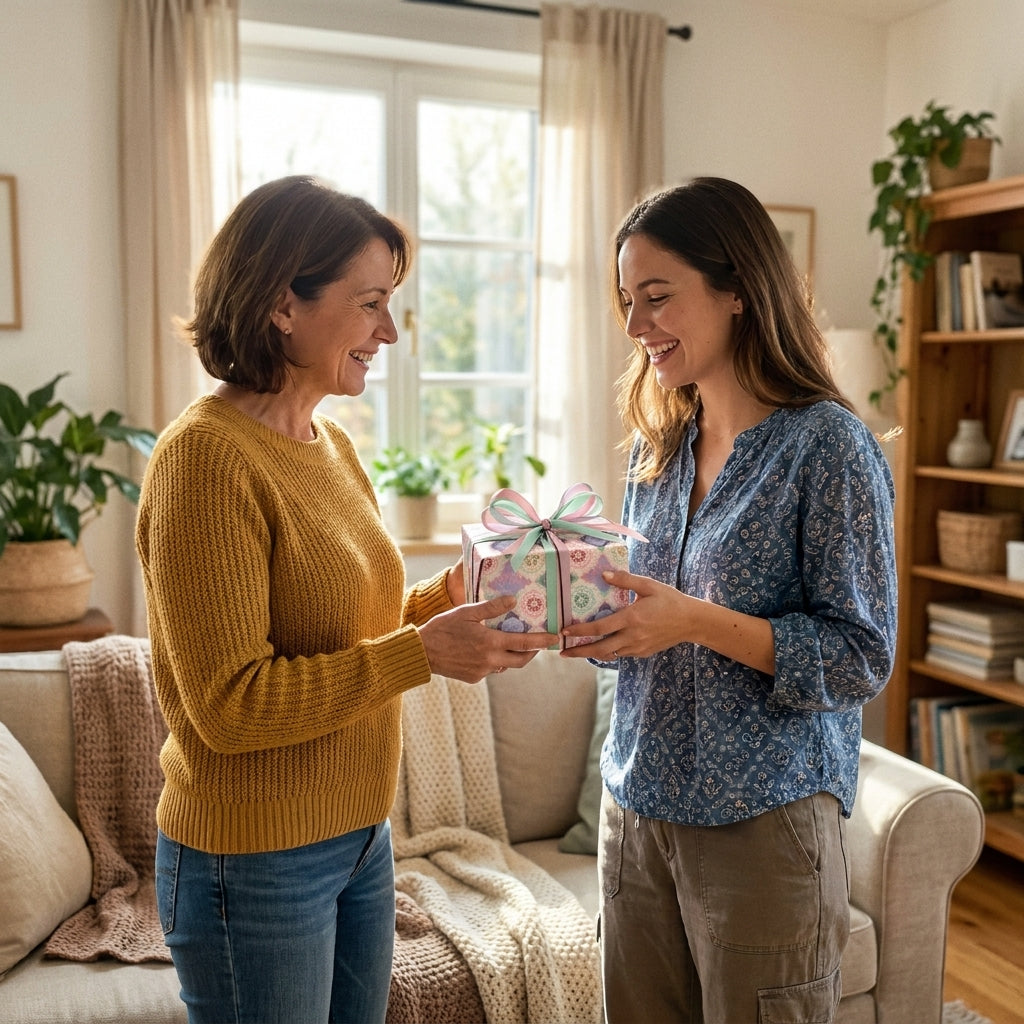 Two women exchanging a gift with pastel floral wrapping paper by Wrapped Studios.