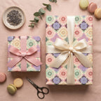 Boho pastel mandala wrapping paper by Wrapped Studios on gifts with elegant pink and cream ribbons.