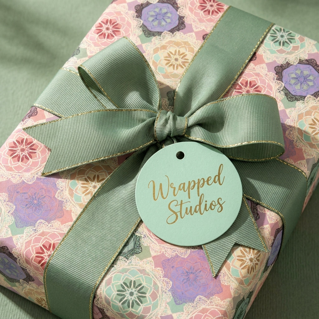Elegant pastel mandala wrapping paper with a sage green bow by Wrapped Studios.