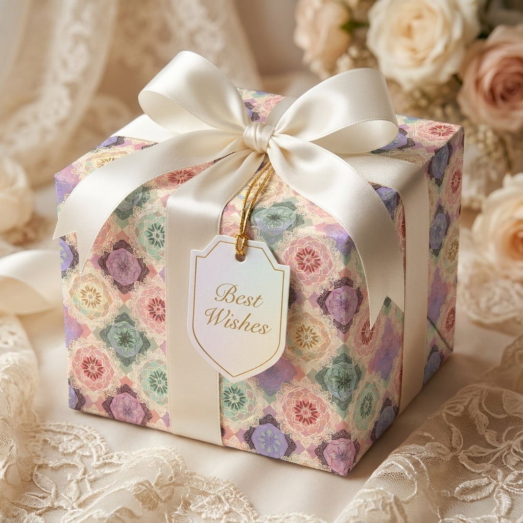 Elegant pastel floral wrapping paper with a white satin bow on a luxury wedding gift box by Wrapped Studios.