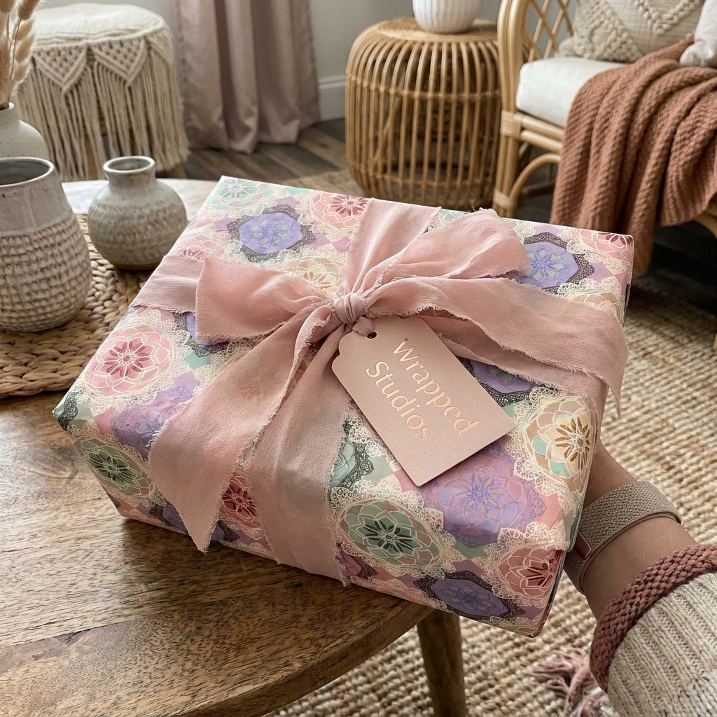 Boho pastel mandala wrapping paper with a dusty pink chiffon ribbon by Wrapped Studios.