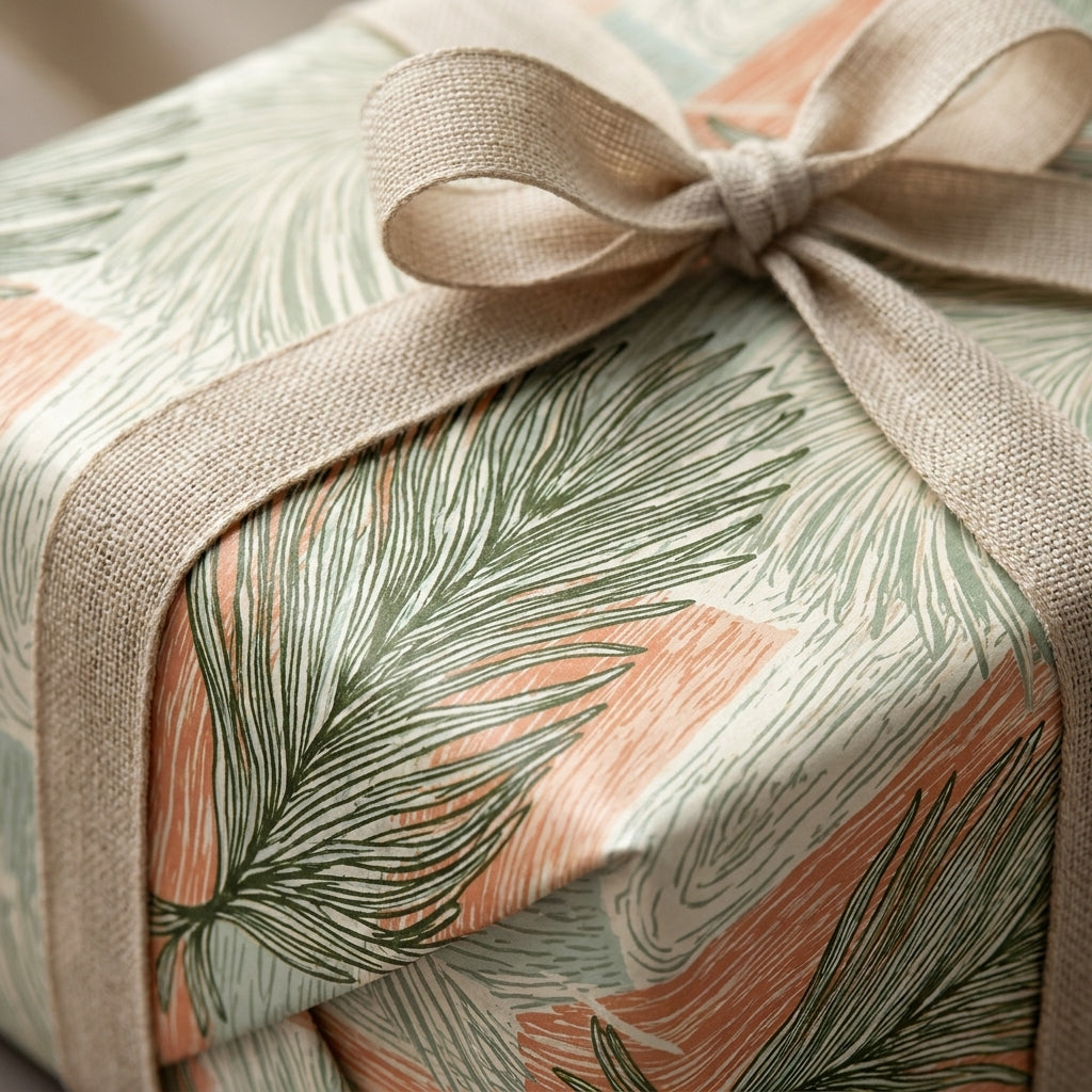 Sage green botanical wrapping paper with peach leaves and linen ribbon bow by Wrapped Studios.