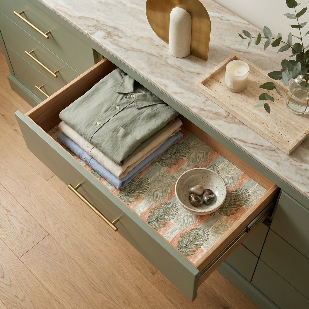 Botanical wrapping paper in green and peach used as a drawer liner, by Wrapped Studios.