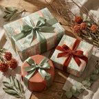 Rustic botanical wrapping paper in sage green and terracotta with elegant ribbons by Wrapped Studios.