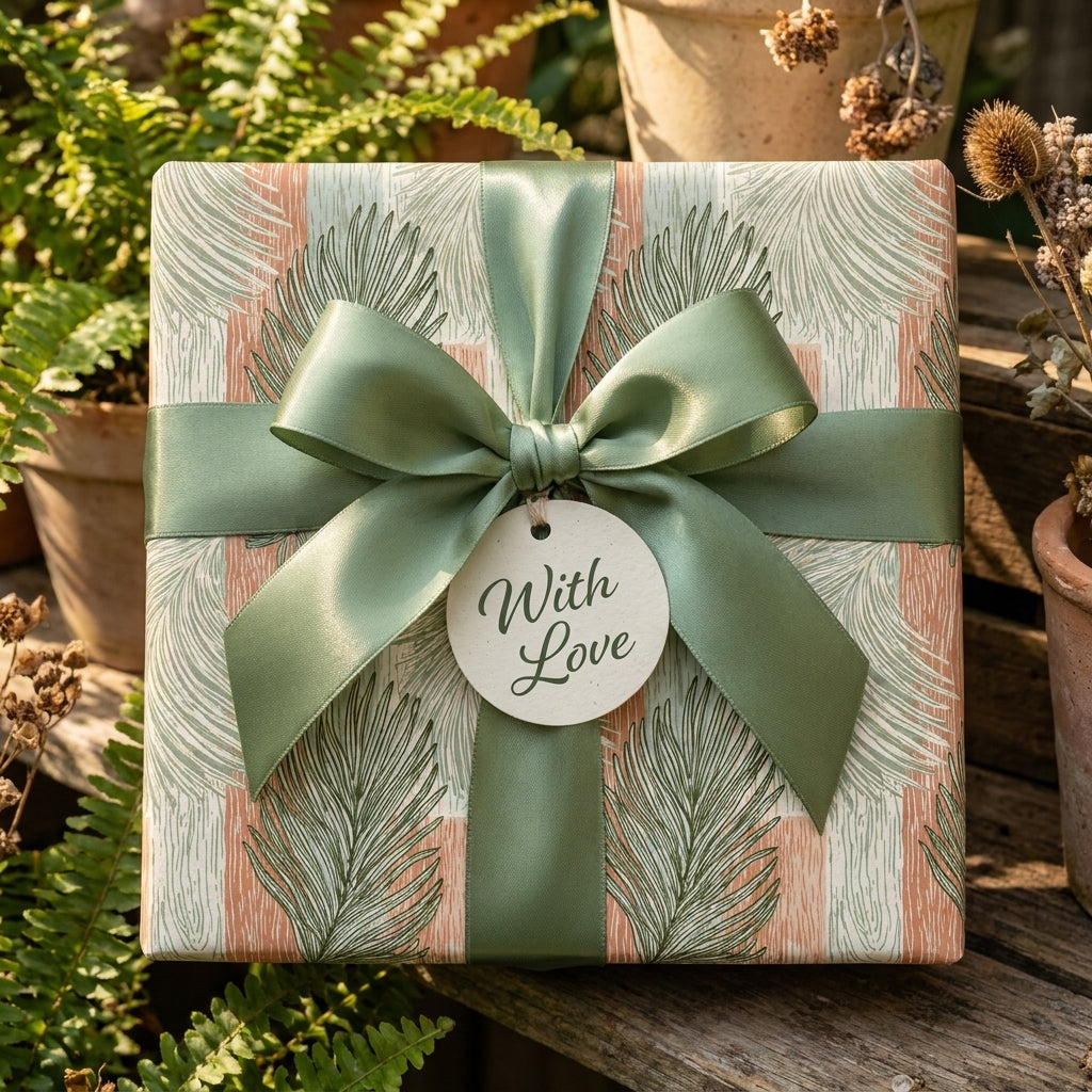 Luxury botanical wrapping paper with sage green leaves, terracotta stripes, and satin bow by Wrapped Studios.