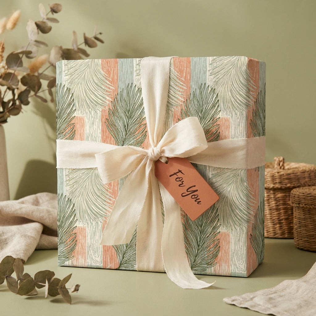 Botanical palm leaf wrapping paper with cream ribbon and "For You" tag by Wrapped Studios.