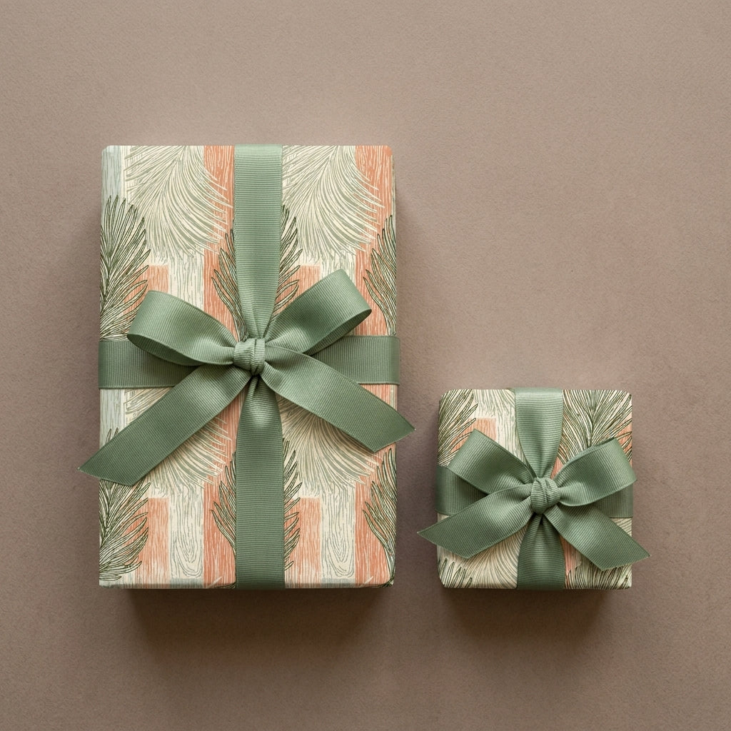 Earthy botanical palm leaf wrapping paper with elegant sage green bows by Wrapped Studios.