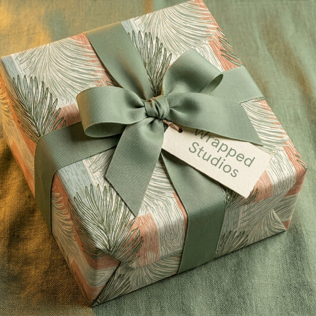 Elegant botanical wrapping paper by Wrapped Studios on a luxury gift box with a sage green ribbon.