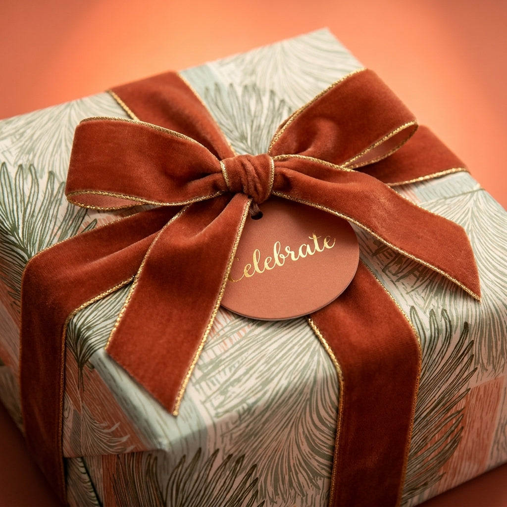 Luxury botanical wrapping paper with a rust velvet bow and celebrate gift tag by Wrapped Studios.