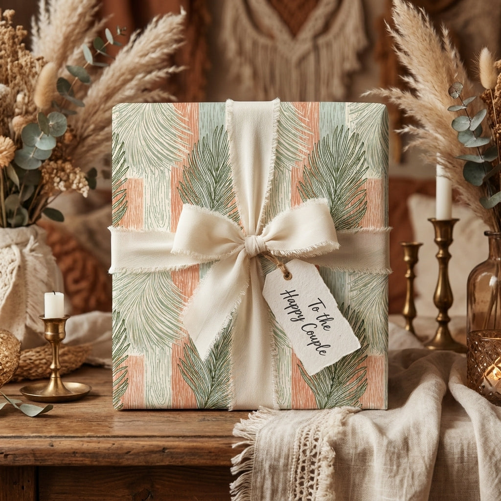 Boho wedding wrapping paper with sage green and terracotta palm pattern by Wrapped Studios.