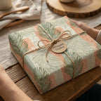 Boho Christmas gift wrap with sage and terracotta botanical print, by Wrapped Studios.