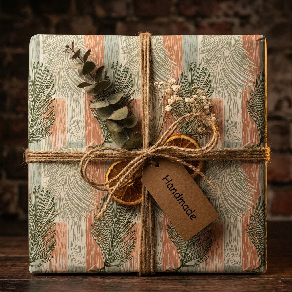 Rustic botanical Christmas wrapping paper with pine pattern and twine bow by Wrapped Studios.