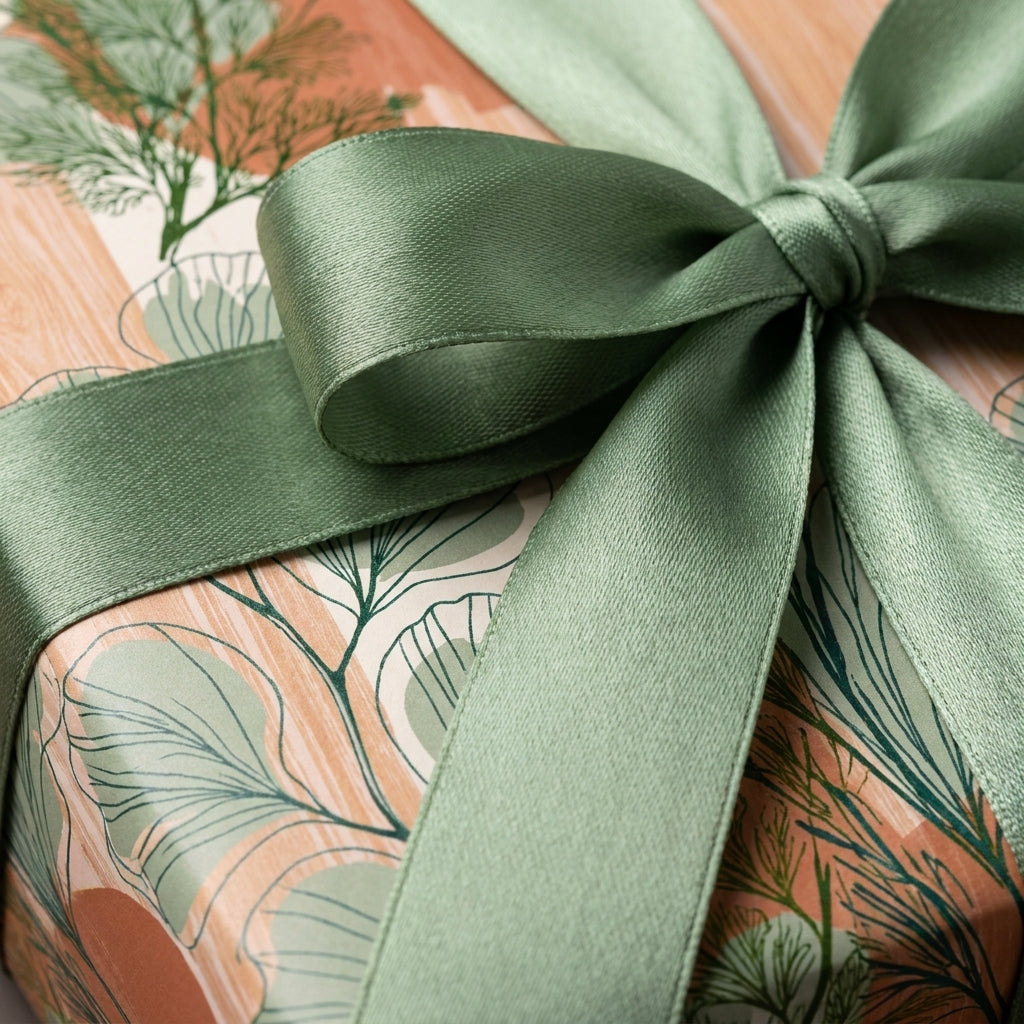 Luxury botanical gift wrap in peach and sage green with a satin ribbon bow by Wrapped Studios.