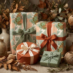 Elegant botanical wrapping paper with ginkgo leaves and velvet ribbons in rustic earth tones by Wrapped Studios.
