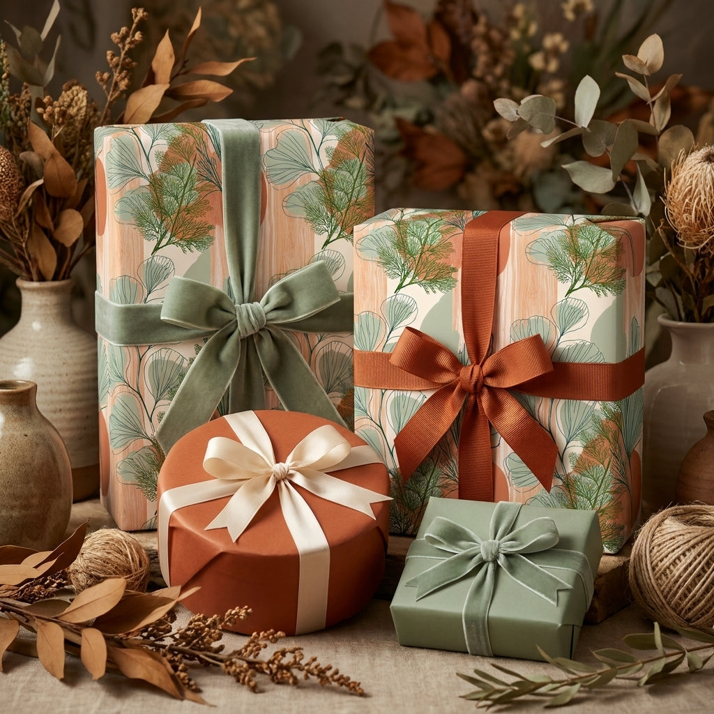 Elegant botanical wrapping paper with ginkgo leaves and velvet ribbons in rustic earth tones by Wrapped Studios.